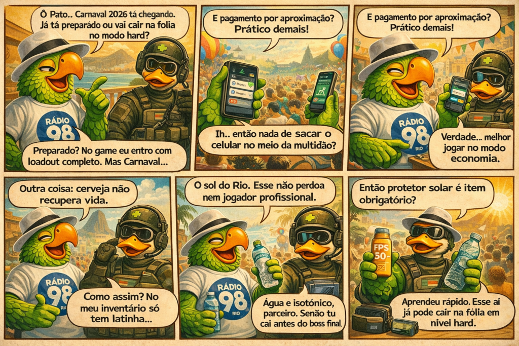 Pato e papagaio conversando sobre carnaval.