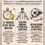 vitória da Argentina sobre a Inglaterra por 2 a 1 na semifinal da Copa do Mundo de 2026. O jornal britânico The Telegraph elaborou um dossiê acusando os argentinos de utilizarem 31 "truques sujos", incluindo faltas táticas, cera e provocações psicológicas para desestabilizar os adversários.