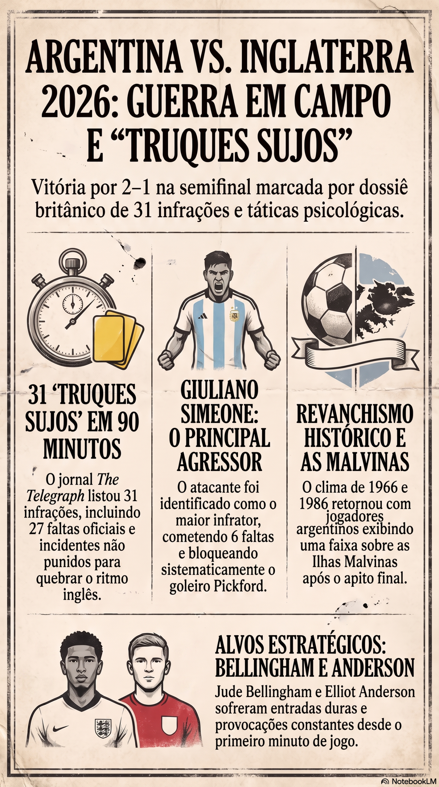 vitória da Argentina sobre a Inglaterra por 2 a 1 na semifinal da Copa do Mundo de 2026. O jornal britânico The Telegraph elaborou um dossiê acusando os argentinos de utilizarem 31 "truques sujos", incluindo faltas táticas, cera e provocações psicológicas para desestabilizar os adversários.